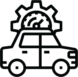 Car with gear icon for professional auto wrecker, vehicle dismantling, and salvage yard services.