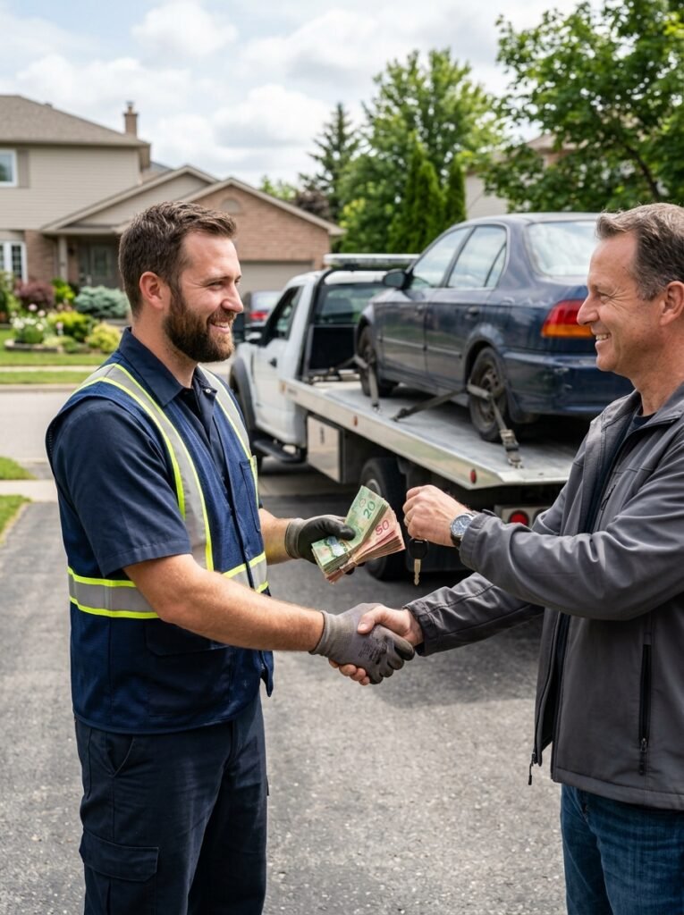 Professional driver handing cash to a customer for scrap car removal in Toronto.
