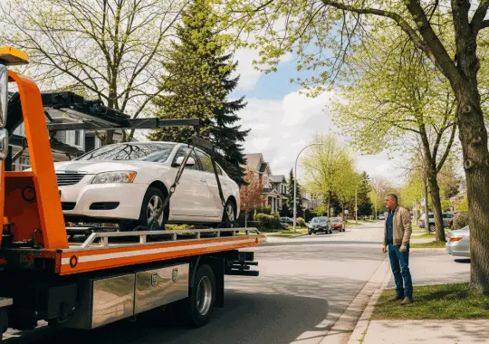 Loading a white scrap car onto a tow truck