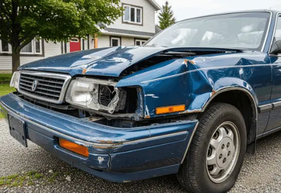 Close-up of a wrecked car with broken headlight